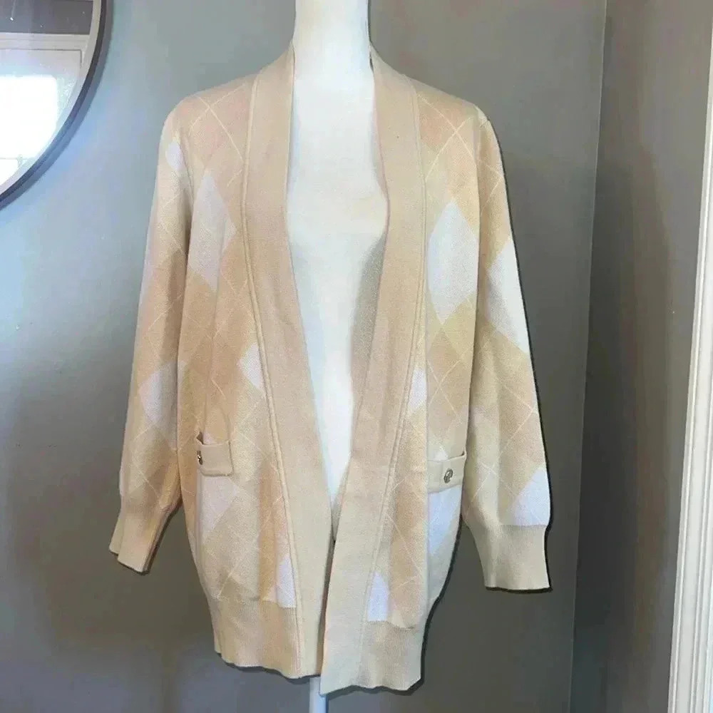 Sandro Beige and White Diamond Cardigan